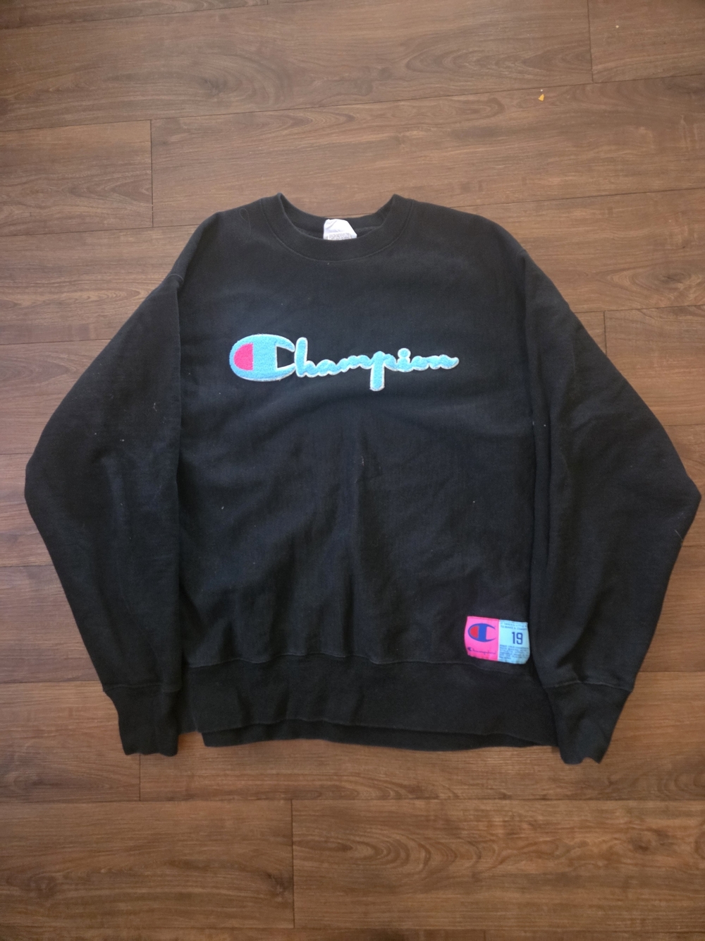 Champion Black Crewneck Sweatshirt with Teal & Pink Logo